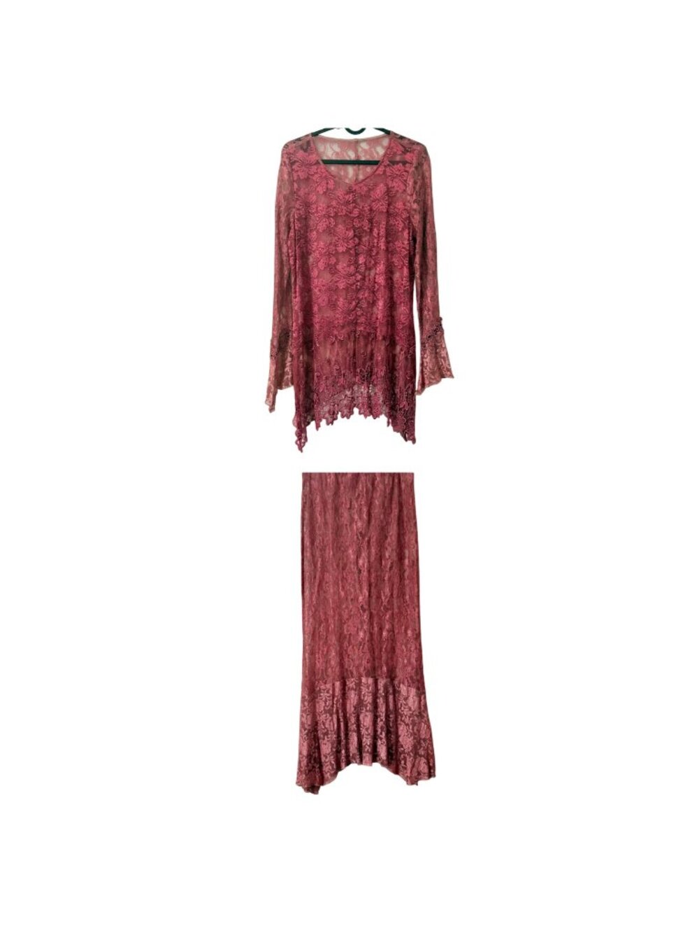 Fairy Vintage Rose Pink Womens S/M 2 PC Floral Lace Sheer Ruffle Maxi Skirt Set
